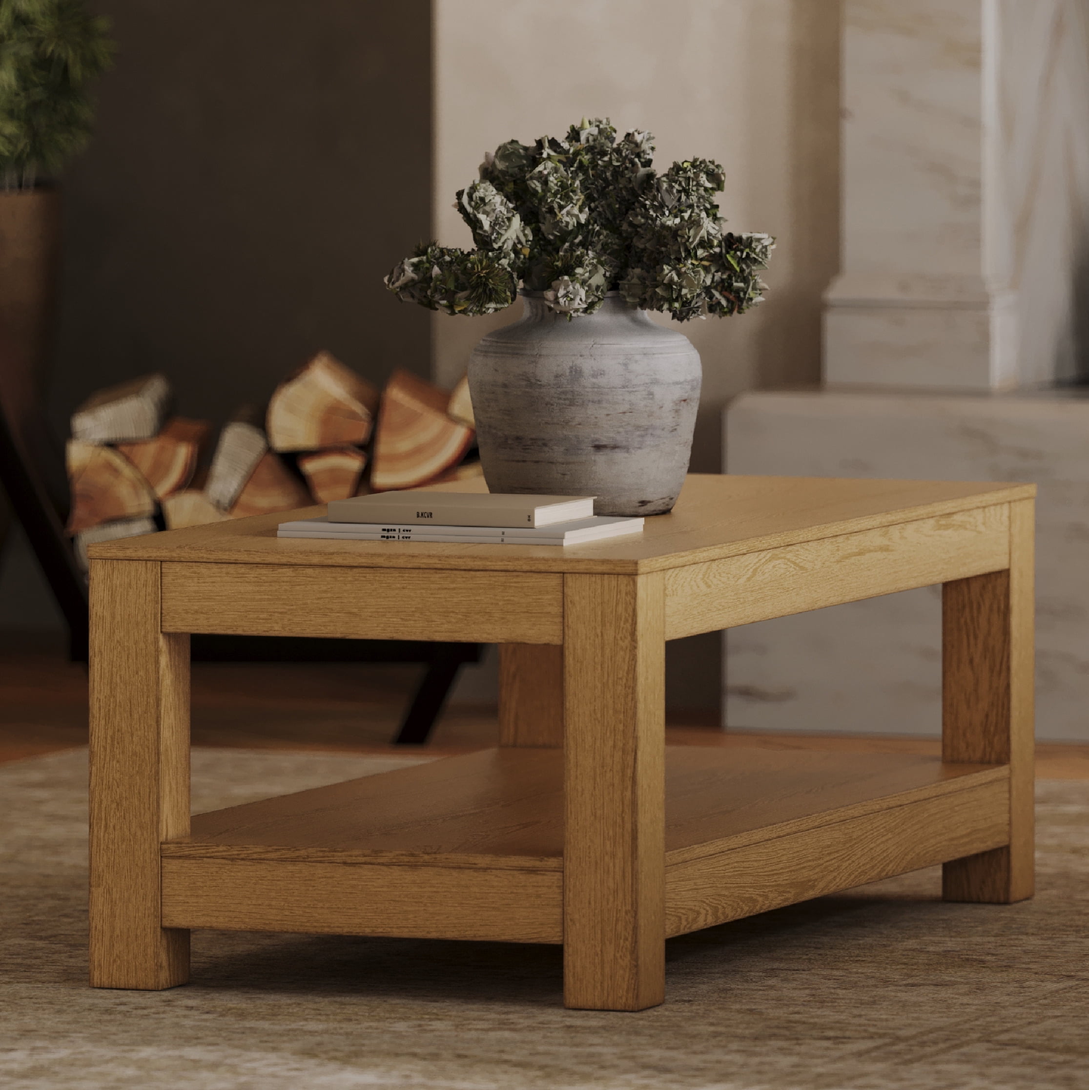 Maven Lane Paulo Large 2 Tier Rustic Rectangle Wooden Center Coffee Table with Shelf Storage for Living Room in Weathered Natural Finish