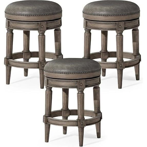 Maven Lane 26" Pullman Backless Counter Height Stool - Handcrafted Swivel Counter Stool with Reclaimed Oak Finish & Ronan Stone Vegan Leather - Ideal for Kitchens, Breakfast Bars, Set of 3