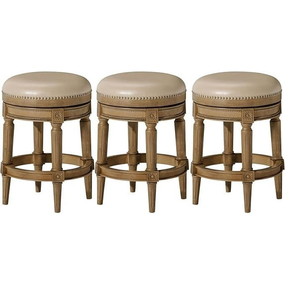 Maven Lane Pullman 26 Inch Tall Counter Height Upholstered Backless Barstool in Weathered Oak Finish with Avanti Bone Vegan Leather Seat, Set of 3
