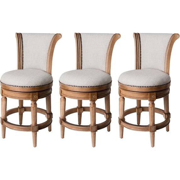 Maven Lane Pullman 26 Inch Tall Counter Height Upholstered Barstool with Back in Weathered Oak Finish with Sand Color Fabric Cushion Seat, Set of 3