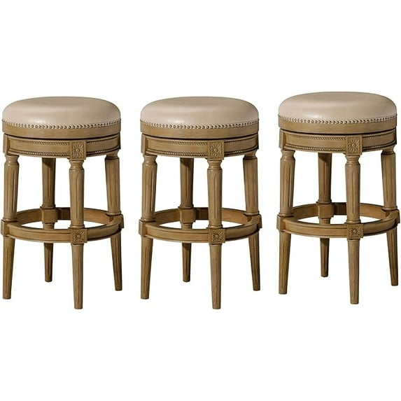 Maven Lane Pullman 31 Inch Tall Bar Height Upholstered Backless Barstool, Weathered Oak Finish with Avanti Brown Vegan Leather Cushion Seat, Set of 3