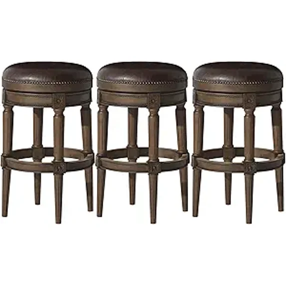 Maven Lane Pullman 31 Inch Tall Bar Height Upholstered Backless Barstool in Walnut Finish with Marksman Saddle Vegan Leather Cushion Seat, Set of 3