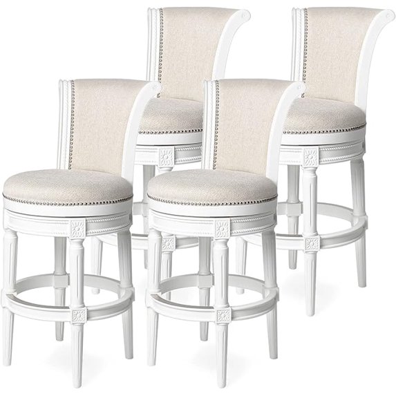 Maven Lane Pullman 31 Inch Tall Bar Height Upholstered Barstool with Back in Alabaster White Finish with Cream Fabric Cushion Seat, Set of 4