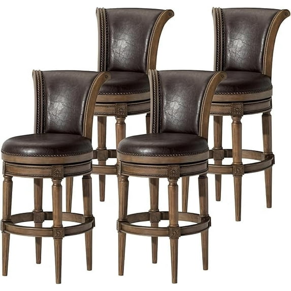 Maven Lane Pullman 31 Inch Tall Bar Height Upholstered Barstool with Back in Walnut Finish with Marksman Saddle Vegan Leather Cushion Seat, Set of 4