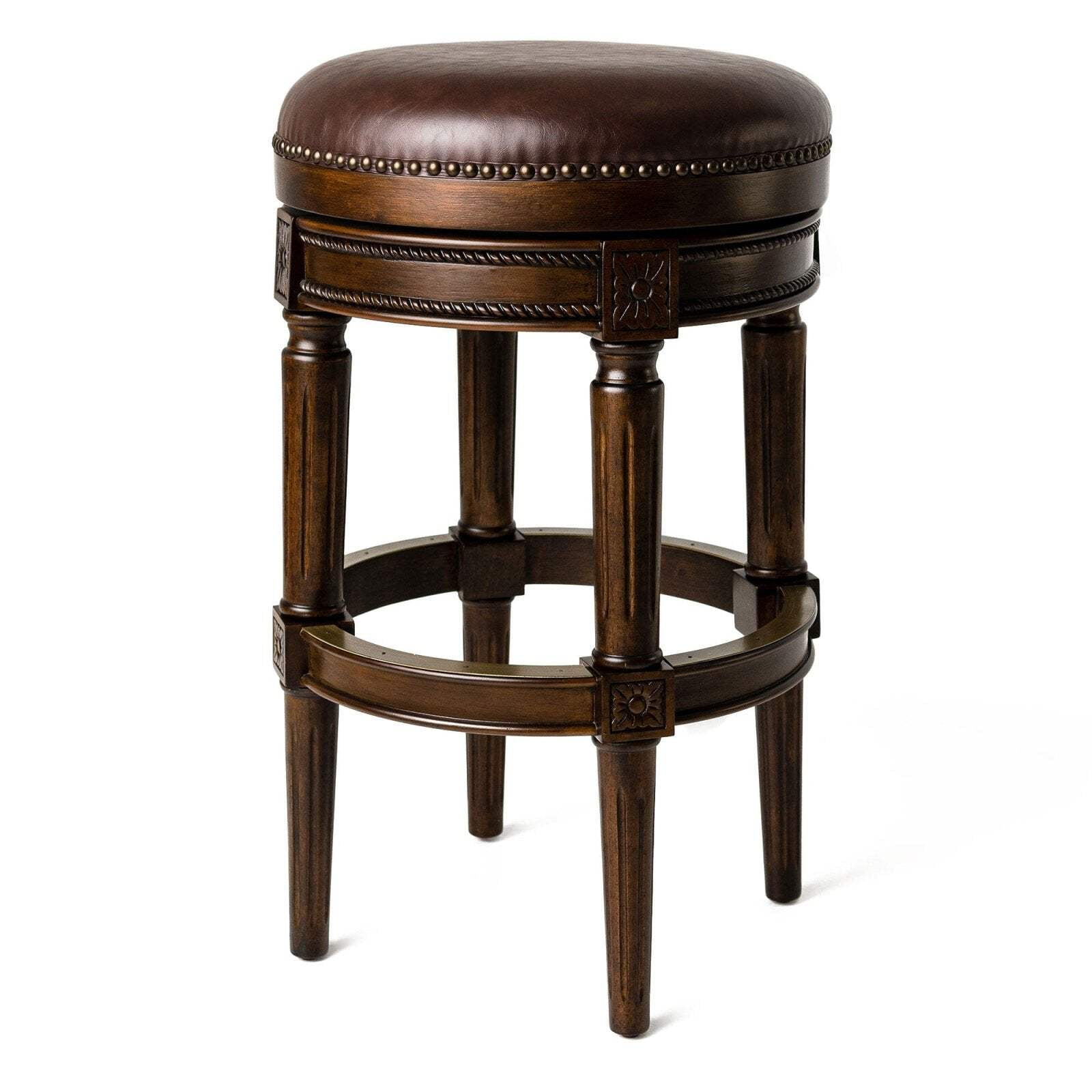 Dark Walnut Backless Swivel Bar Stool with Leather Seat