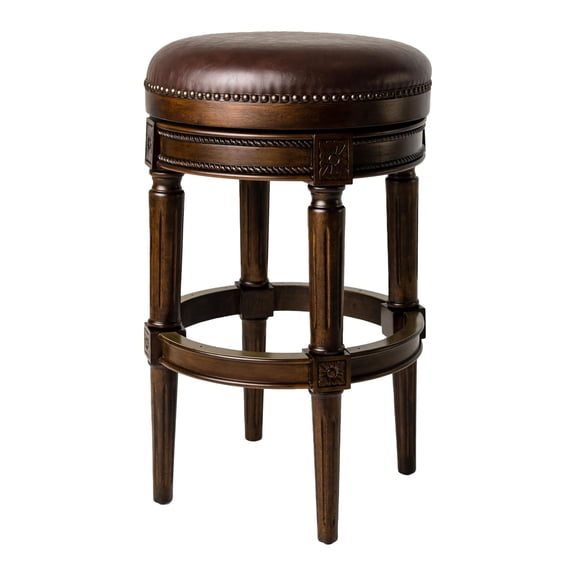 Maven Lane Pullman Backless Bar Stool 31 Inches – Swivel Stool with Footrest – Dark Brown Solid Wood Frame & Brown Faux Leather Upholstery – Perfect for Bars, Pub Tables & Tall Kitchen Counters