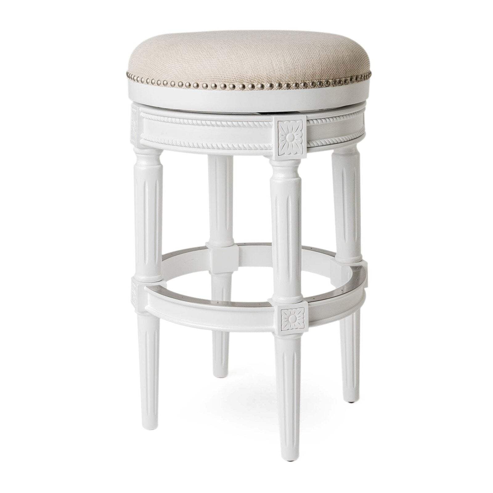 Alabaster White Swivel Backless Bar Stool with Hand-Carved Wood