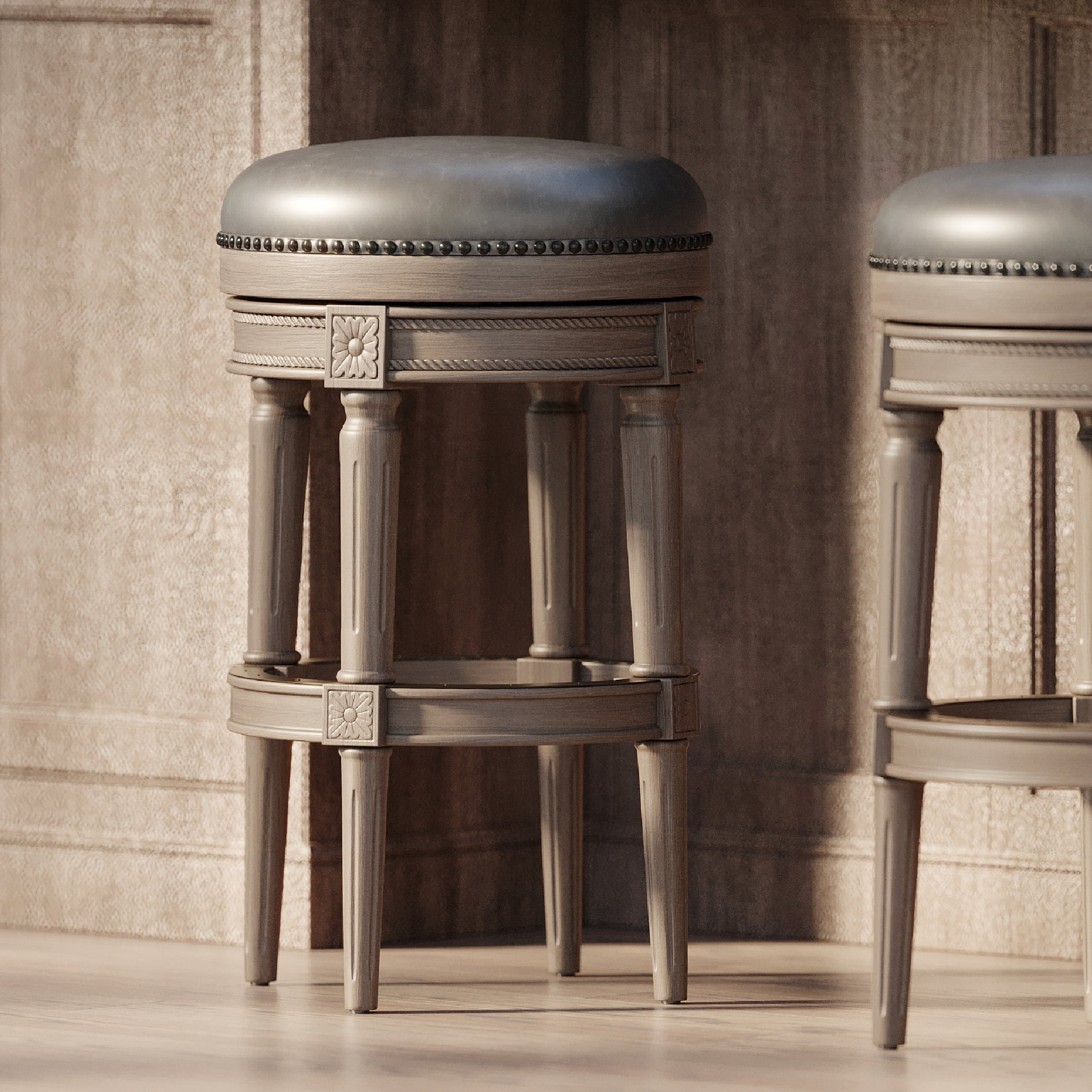 Reclaimed Oak Backless Swivel Bar Stool with Vegan Leather Seat