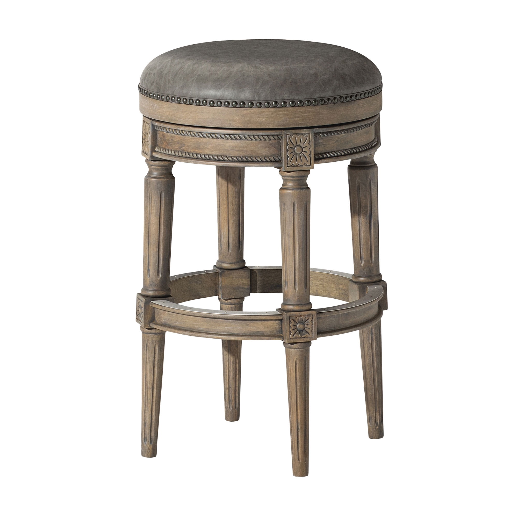 Reclaimed Oak Backless Swivel Bar Stool with Vegan Leather Seat