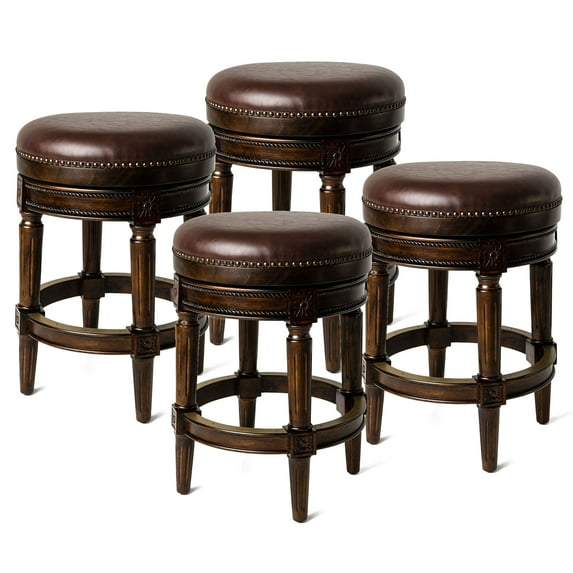 Maven Lane Pullman Backless Counter Stool in Dark Walnut Finish with Vintage Brown Vegan Leather, Set of 4