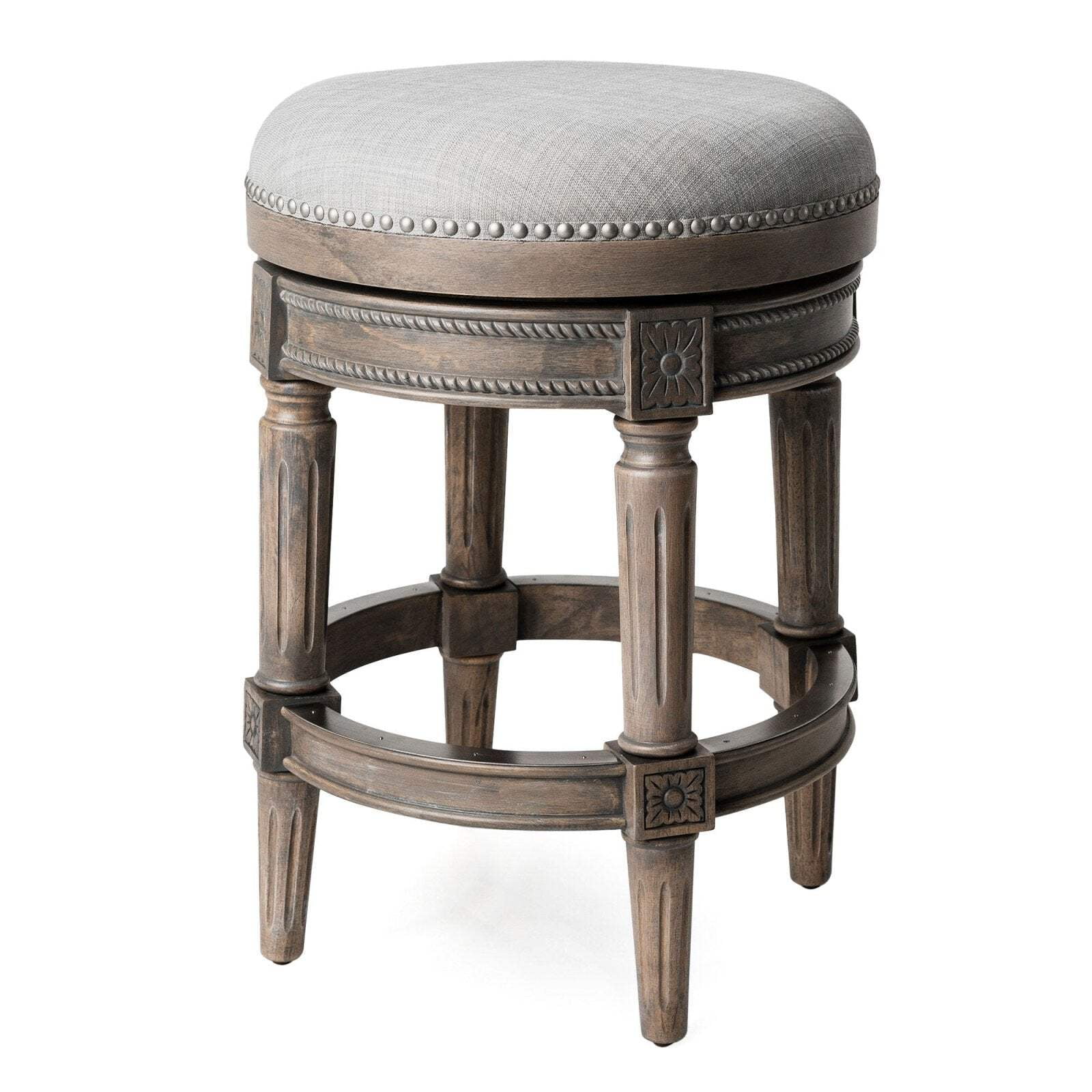 Gray Upholstered Backless Swivel Counter Stool with Wood Frame