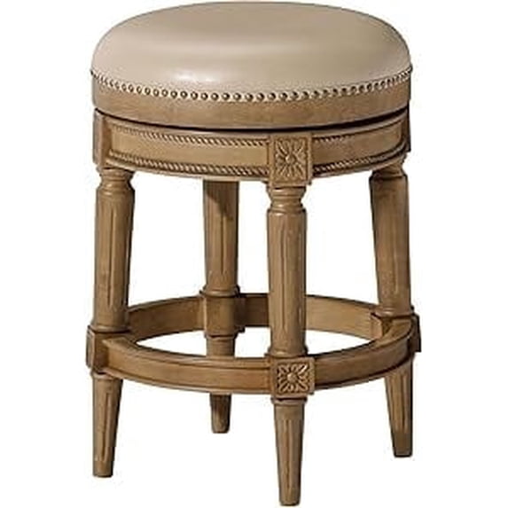 Maven Lane Pullman 26 Inch Tall Counter Height Upholstered Backless Barstool in Weathered Oak Finish with Avanti Bone Vegan Leather Seat