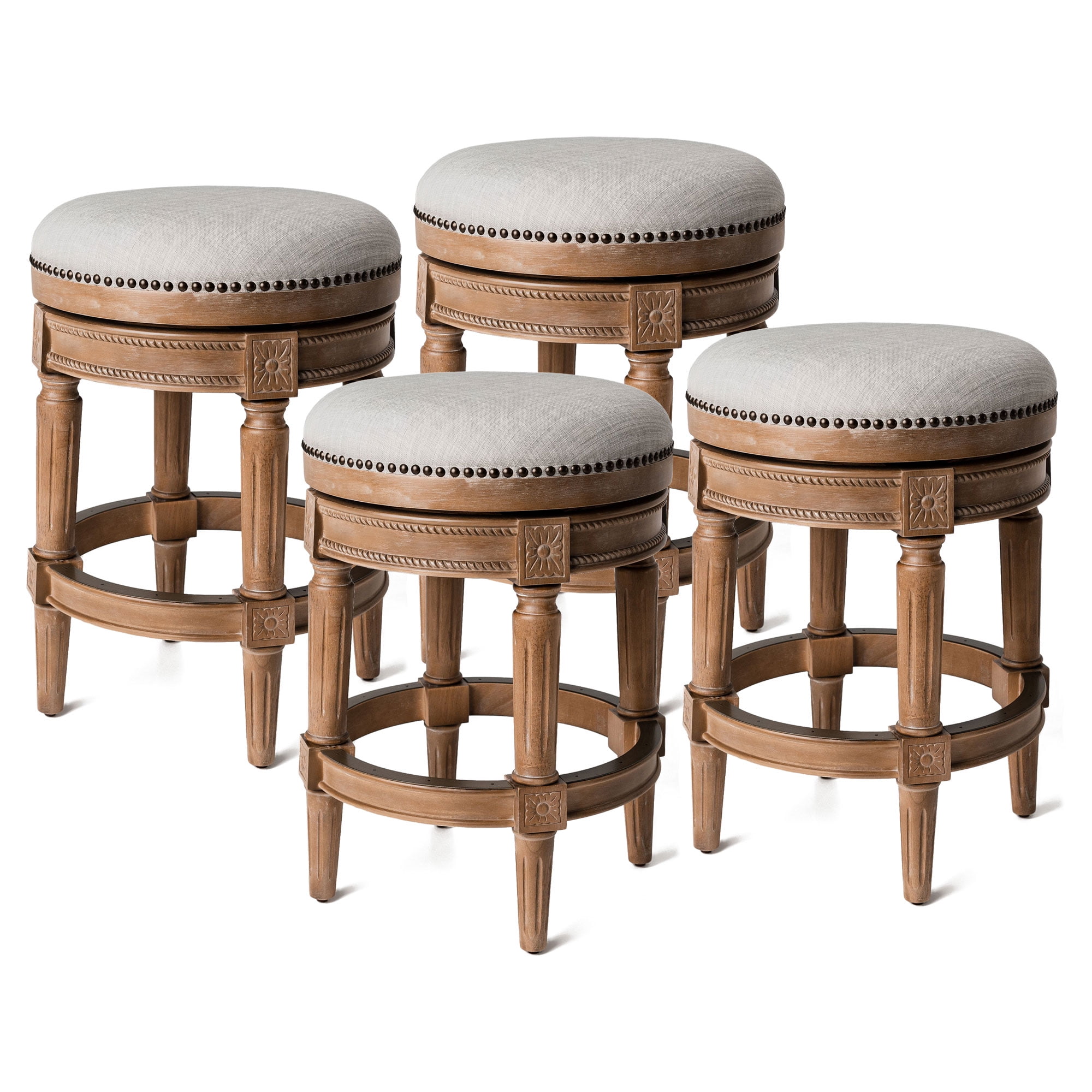 Weathered Oak 26" Backless Swivel Counter Stools with White Upholstered Seats, Set of 4