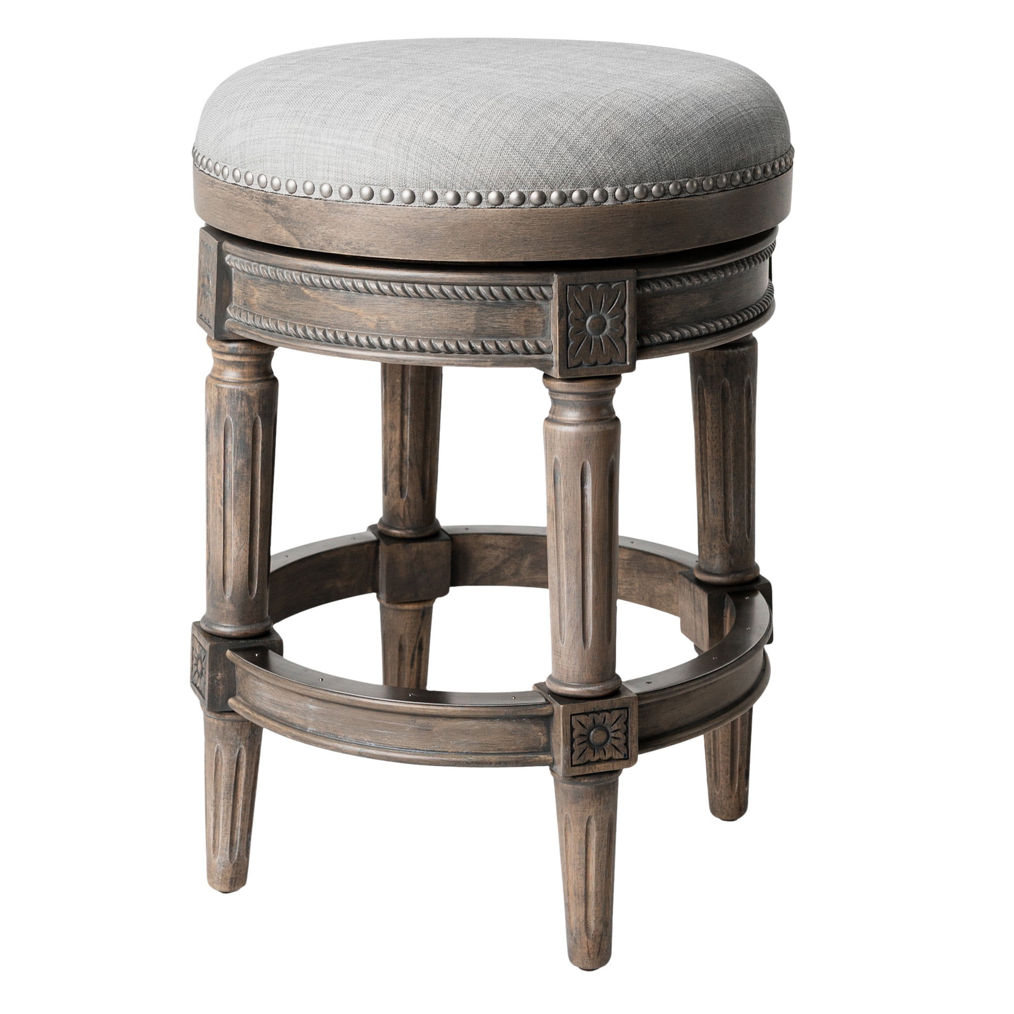 Gray Upholstered Backless Swivel Counter Stool with Wood Frame
