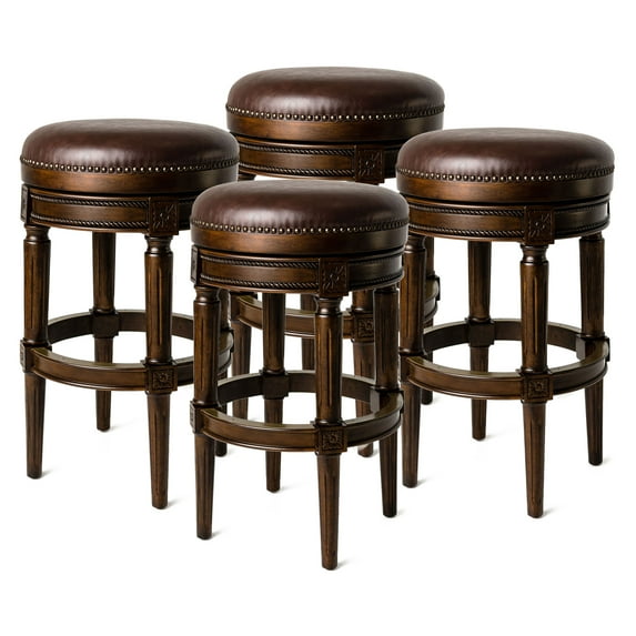 Maven Lane Pullman Backless Swivel Stool, Dark Walnut w/ Vegan Leather, Set of 4