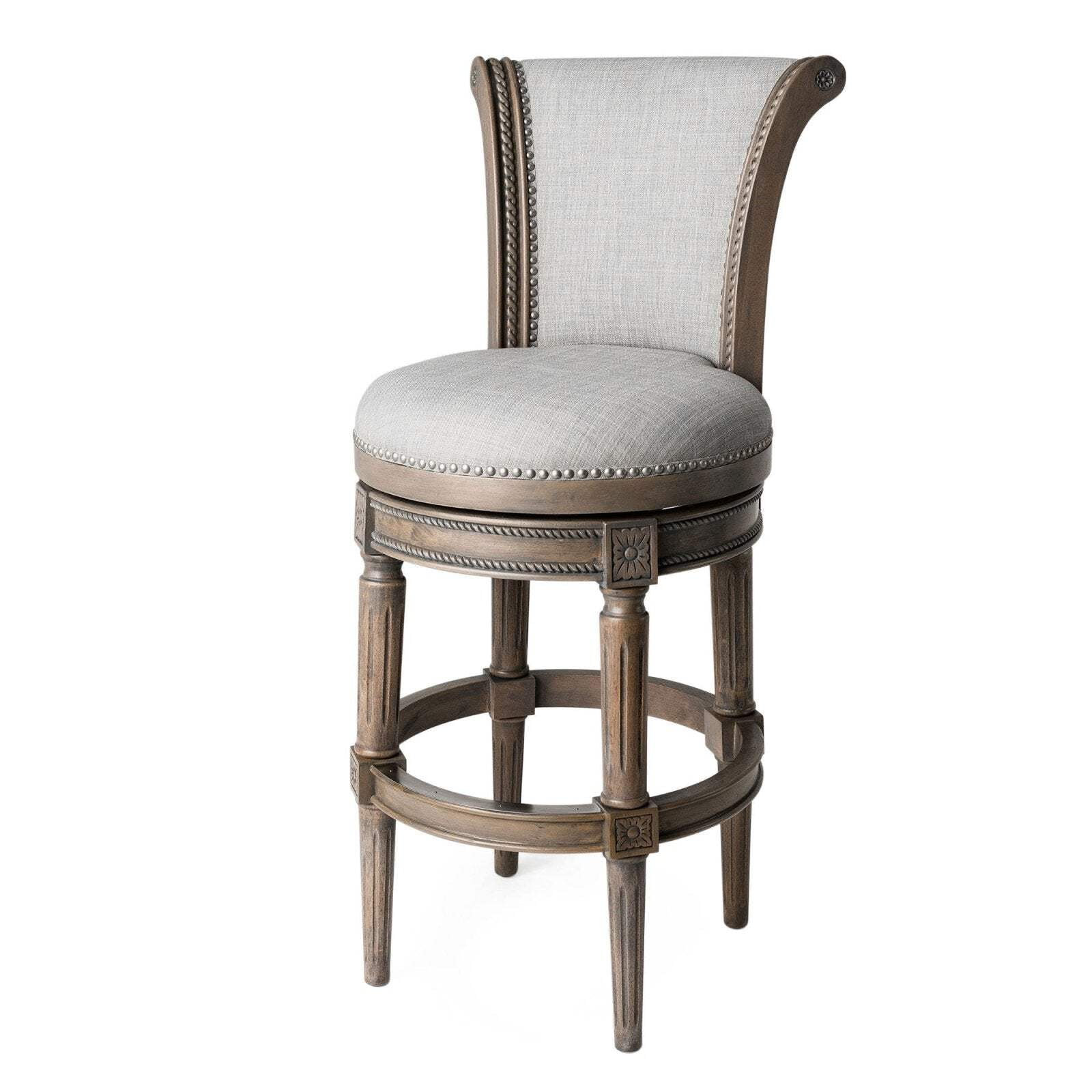 Maven Lane Gray Leather Swivel Bar Stool with Reclaimed Oak