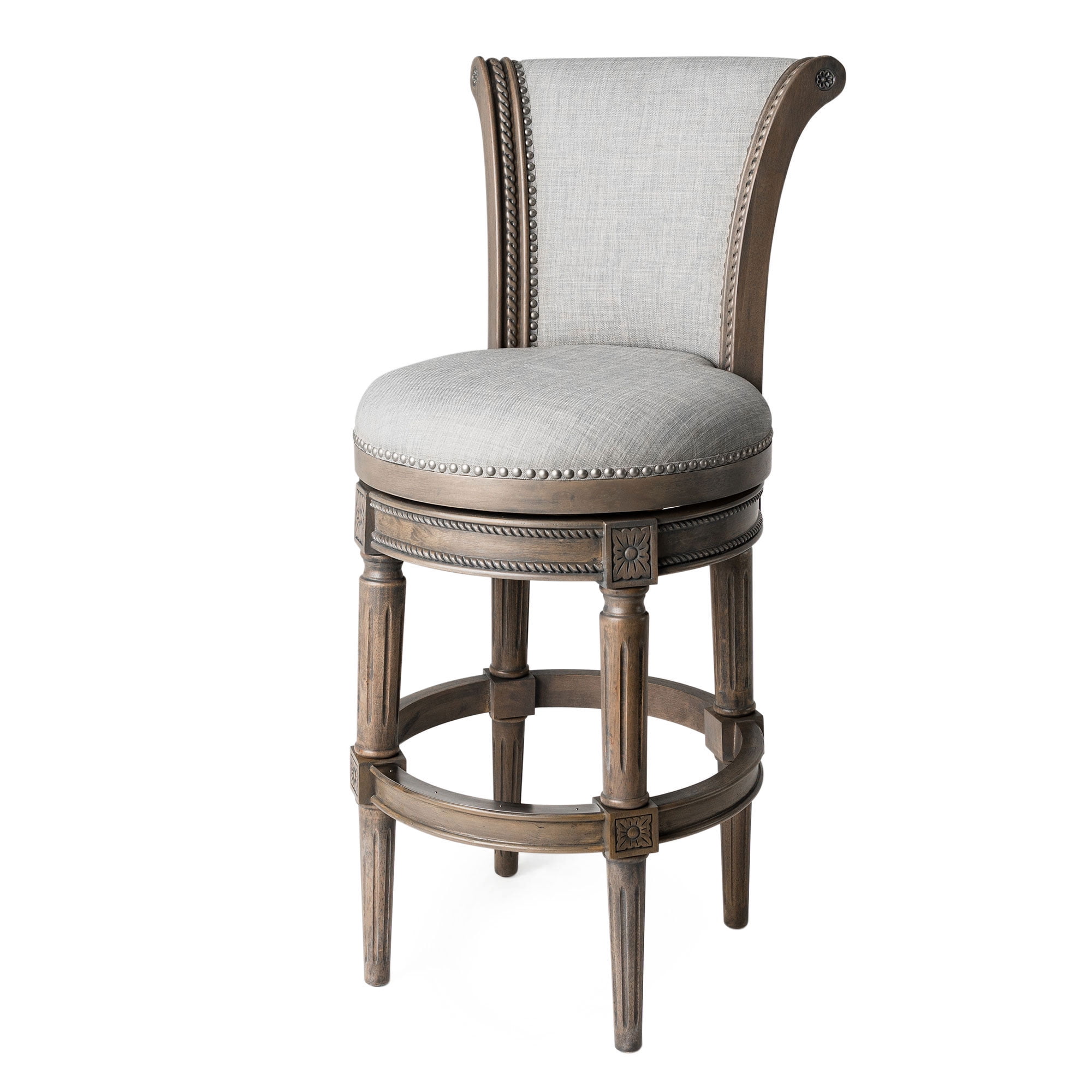 Maven Lane Gray Leather Swivel Bar Stool with Reclaimed Oak
