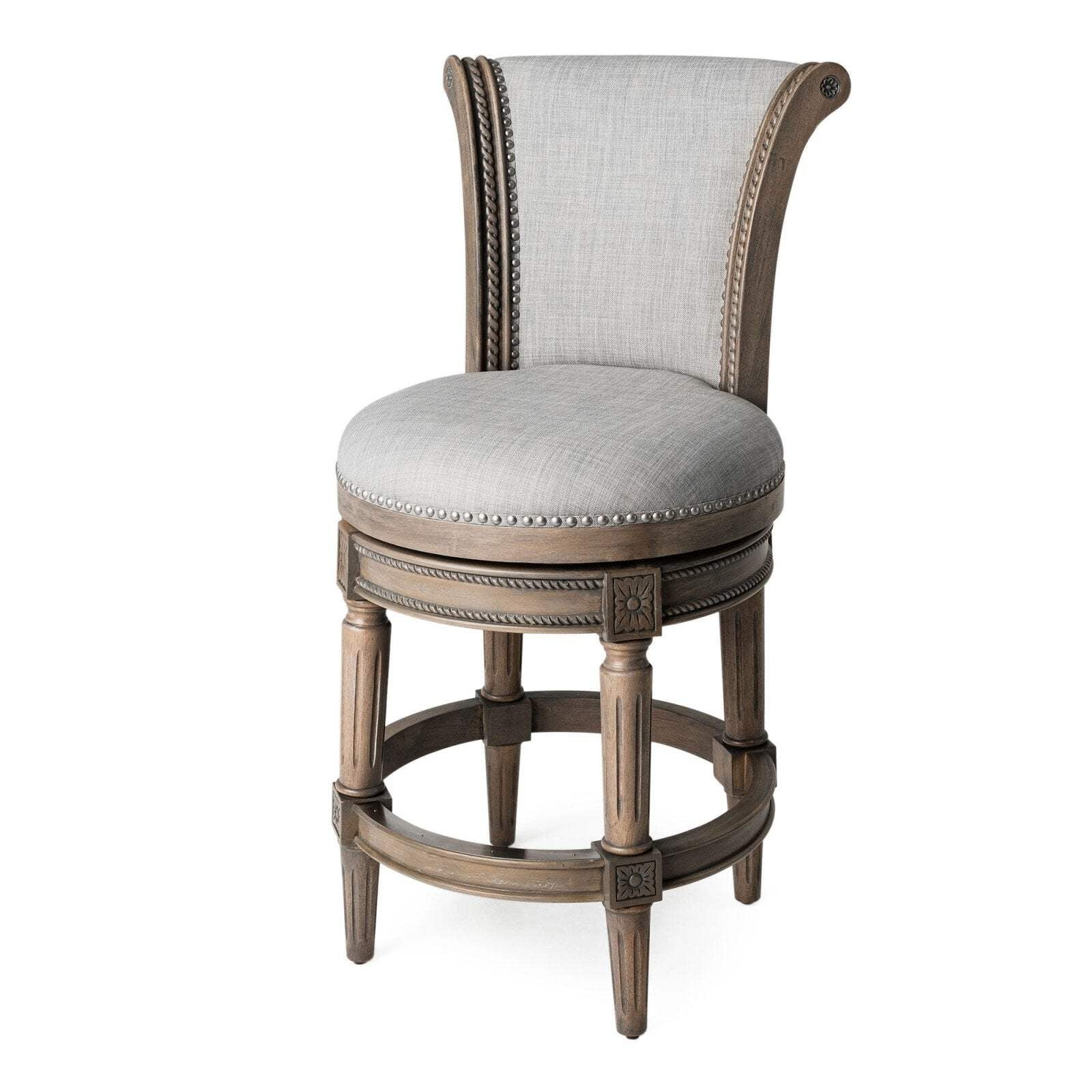 Gray High-Back Swivel Counter Stool with Oak Wood Frame