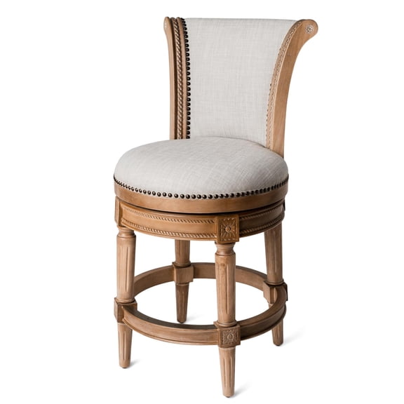 Maven Lane Pullman Counter Stool 26 Inches – Swivel Stool with Footrest – Natural Solid Wood Frame & Light Grey Fabric Upholstery – Perfect for Kitchen Islands & Counters