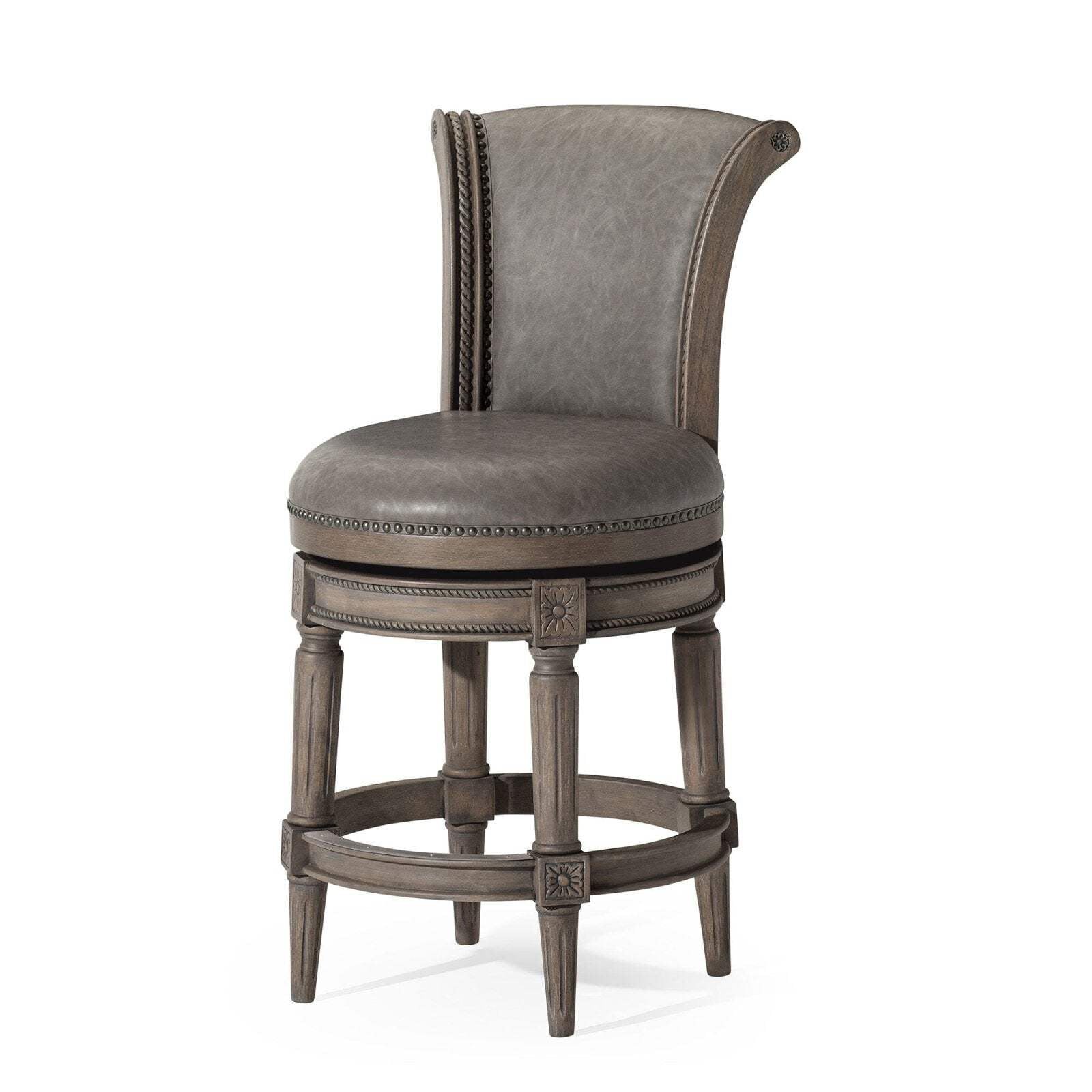 Reclaimed Oak Swivel Counter Stool with Gray Vegan Leather Upholstery
