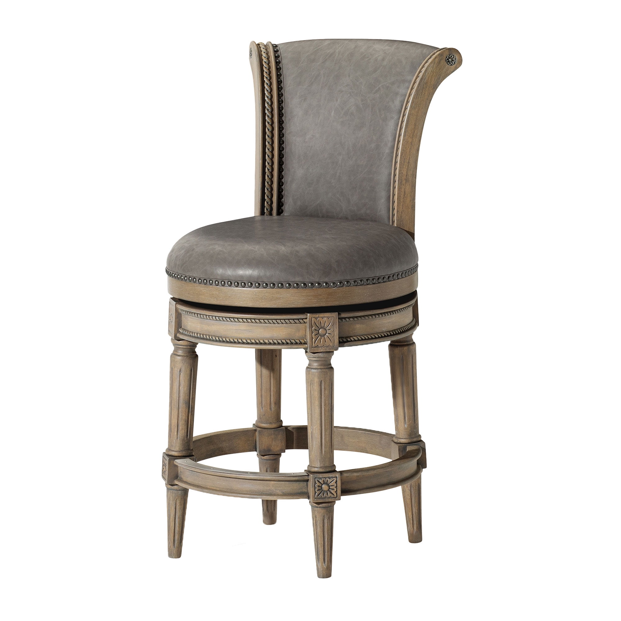 Reclaimed Oak Swivel Counter Stool with Gray Vegan Leather Upholstery