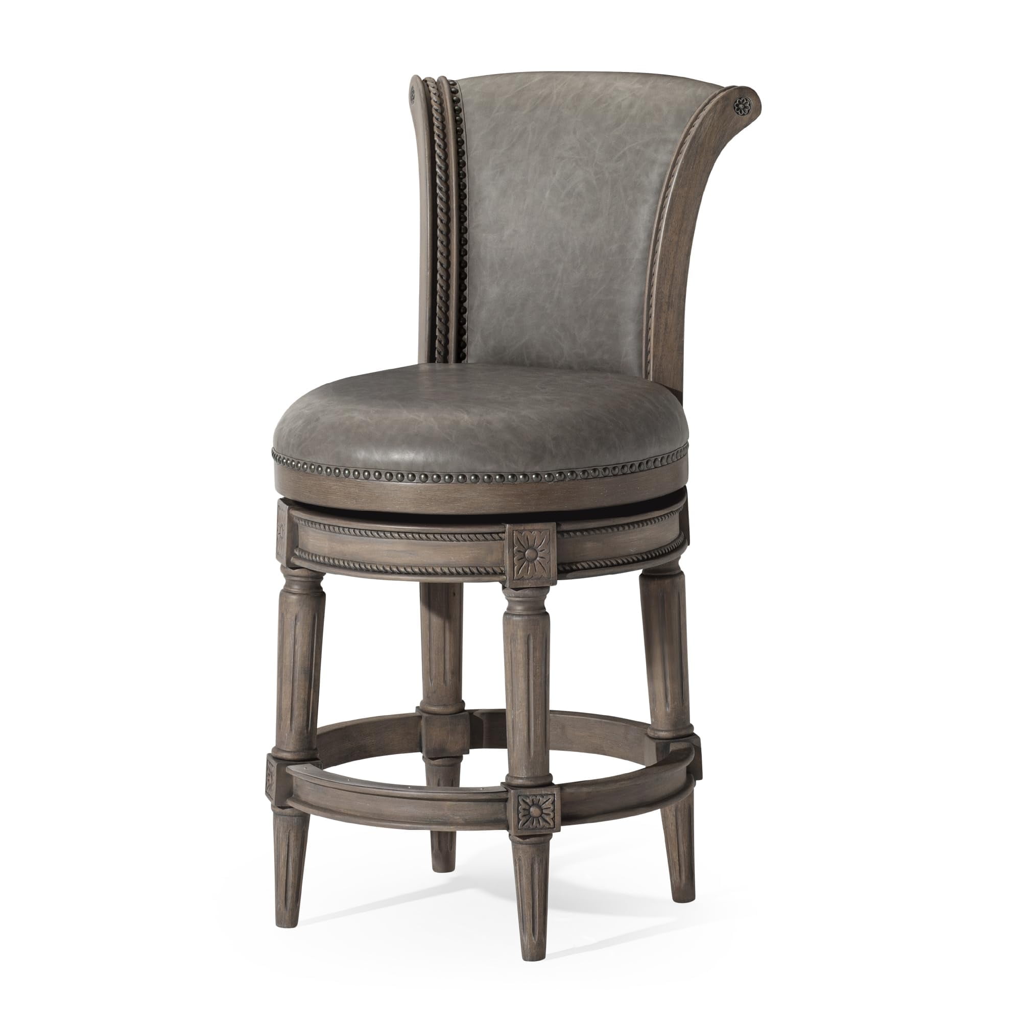 Reclaimed Oak Swivel Counter Stool with Gray Vegan Leather Upholstery
