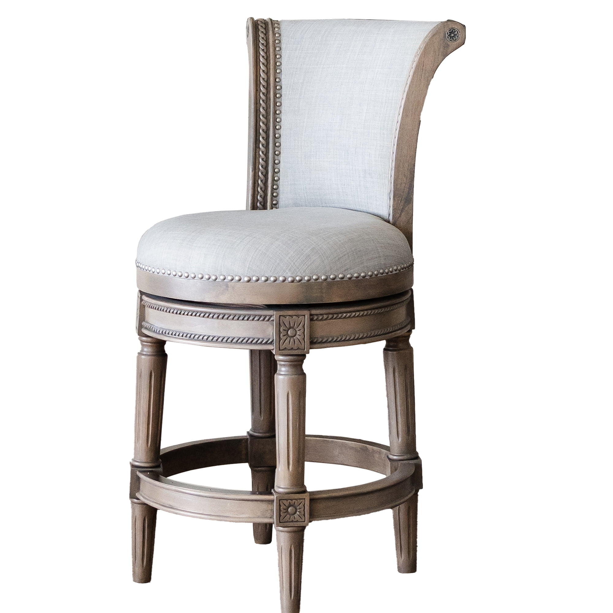 Gray High-Back Swivel Counter Stool with Oak Wood Frame