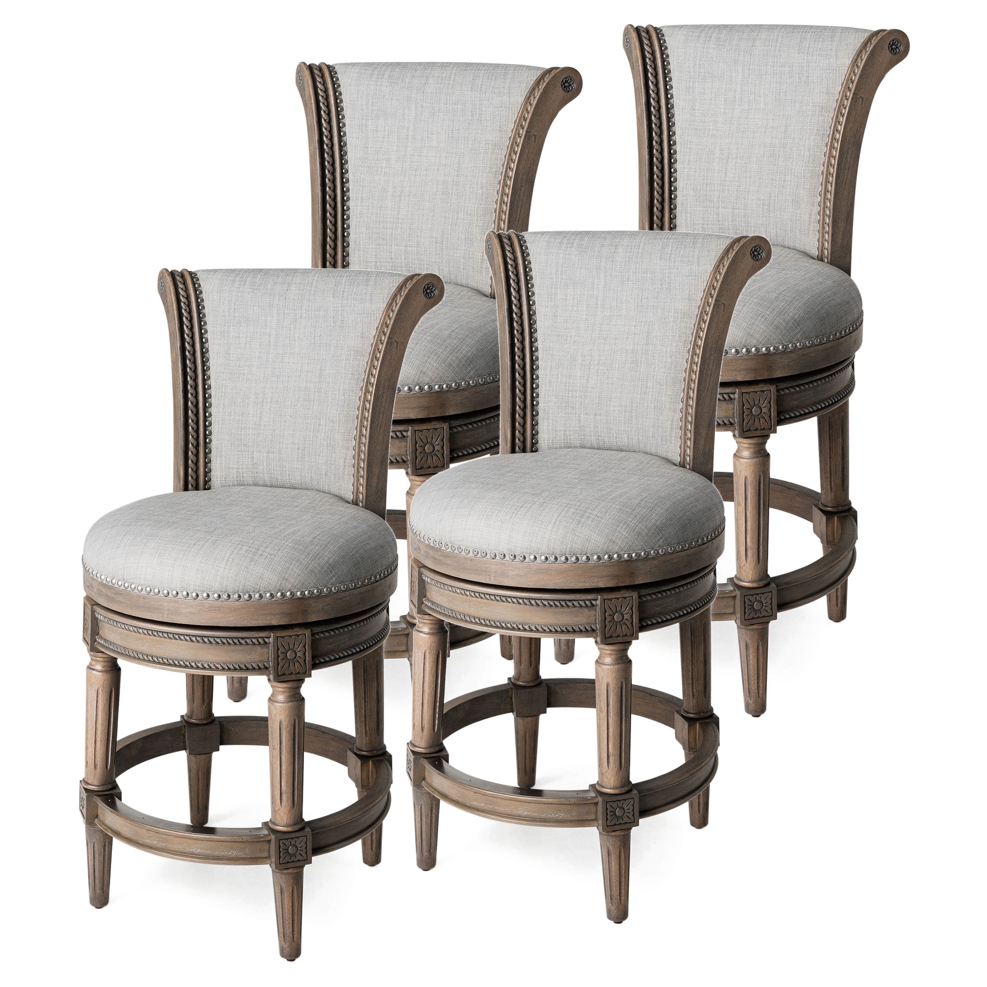Reclaimed Oak Gray Upholstered Swivel Counter Stools, Set of 4