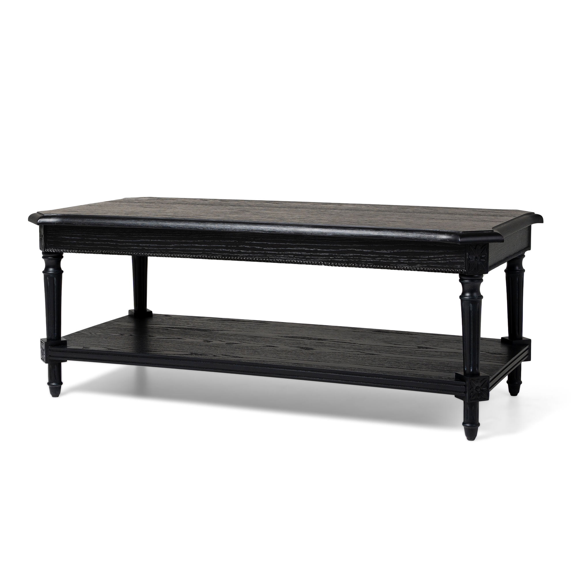 Antiqued Black Traditional Rectangular Wooden Coffee Table with Shelf