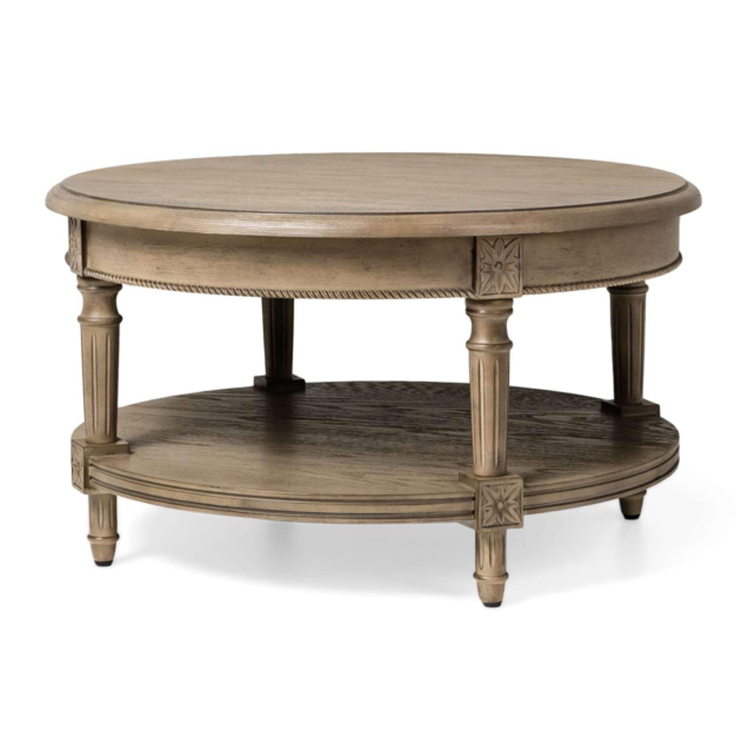 Pullman Antiqued Grey Round Wooden Coffee Table with Shelf