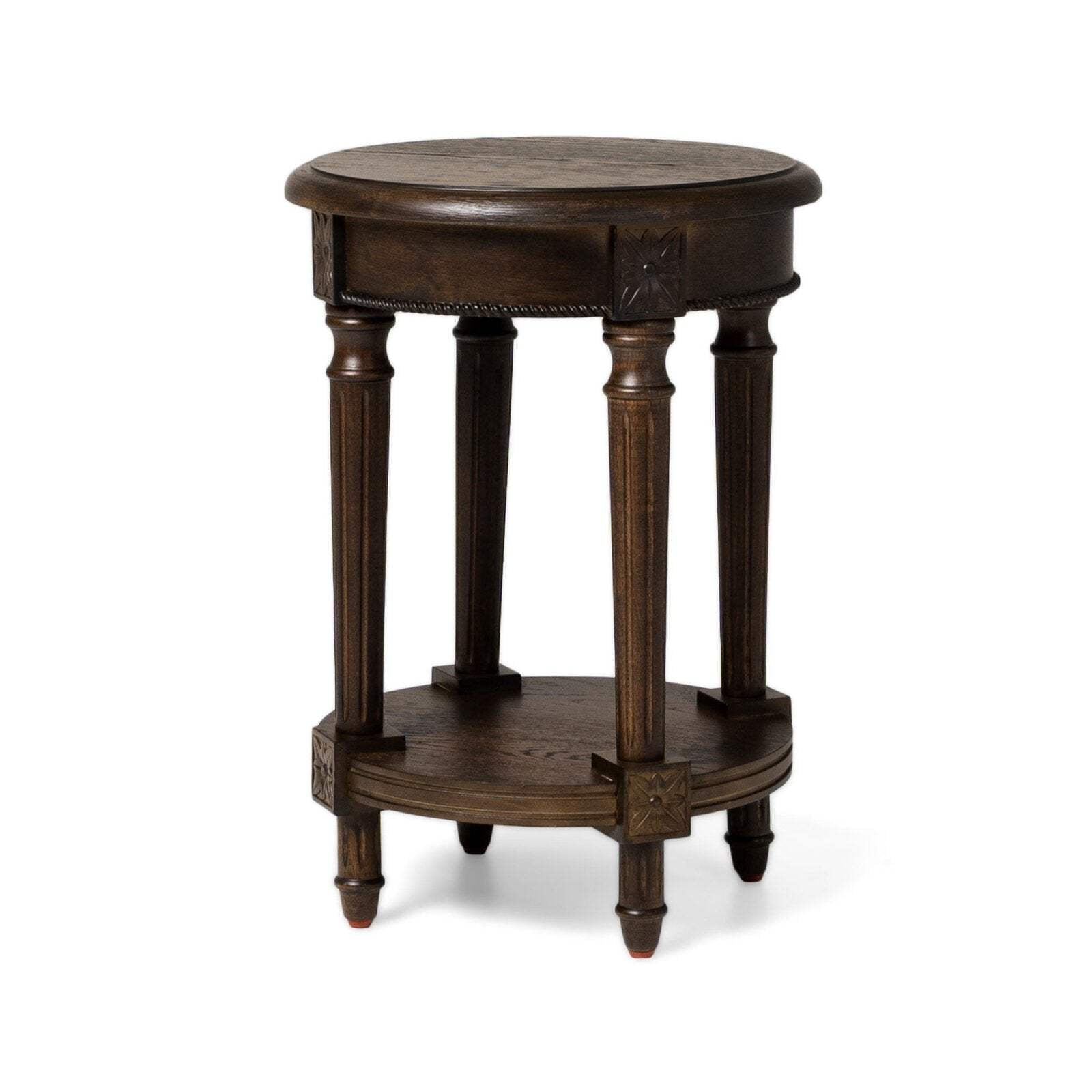 Antiqued Brown Round Wooden Side Table with Carved Details