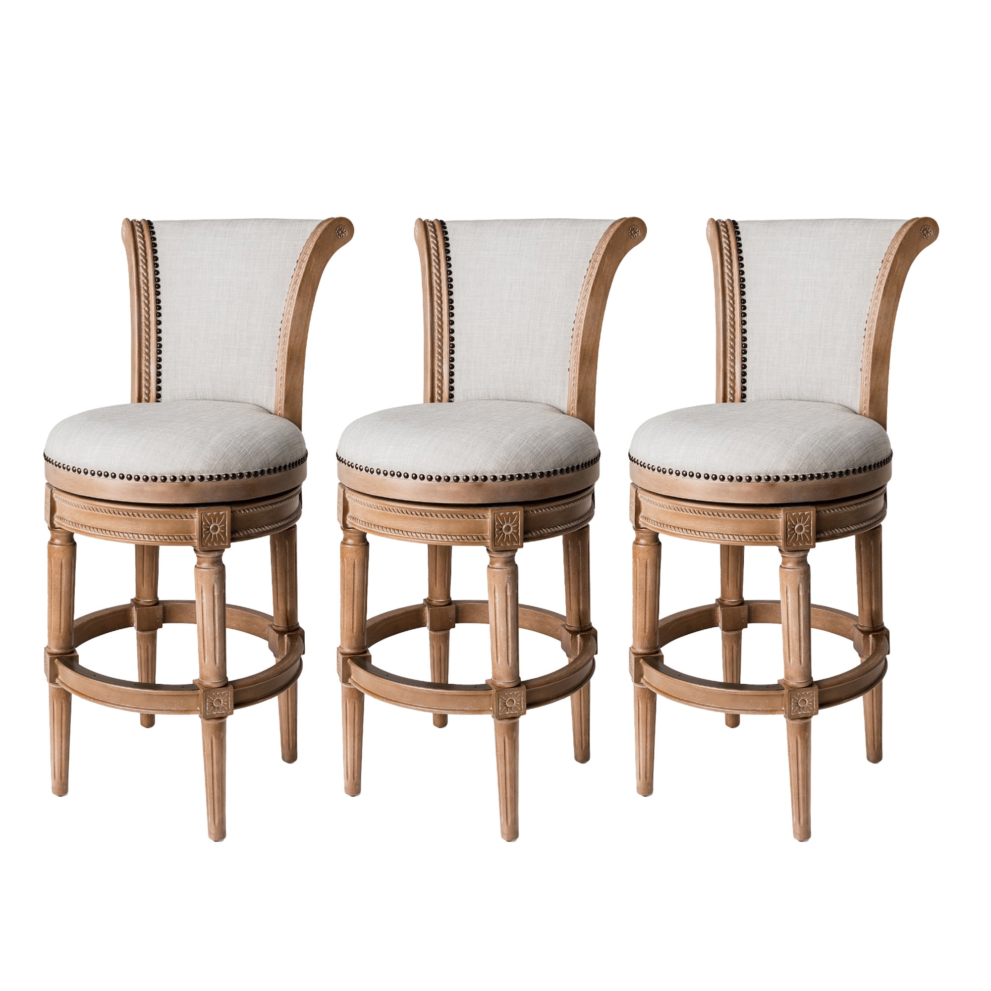 Weathered Oak Swivel Bar Stool with Leather Upholstery, Set of 3