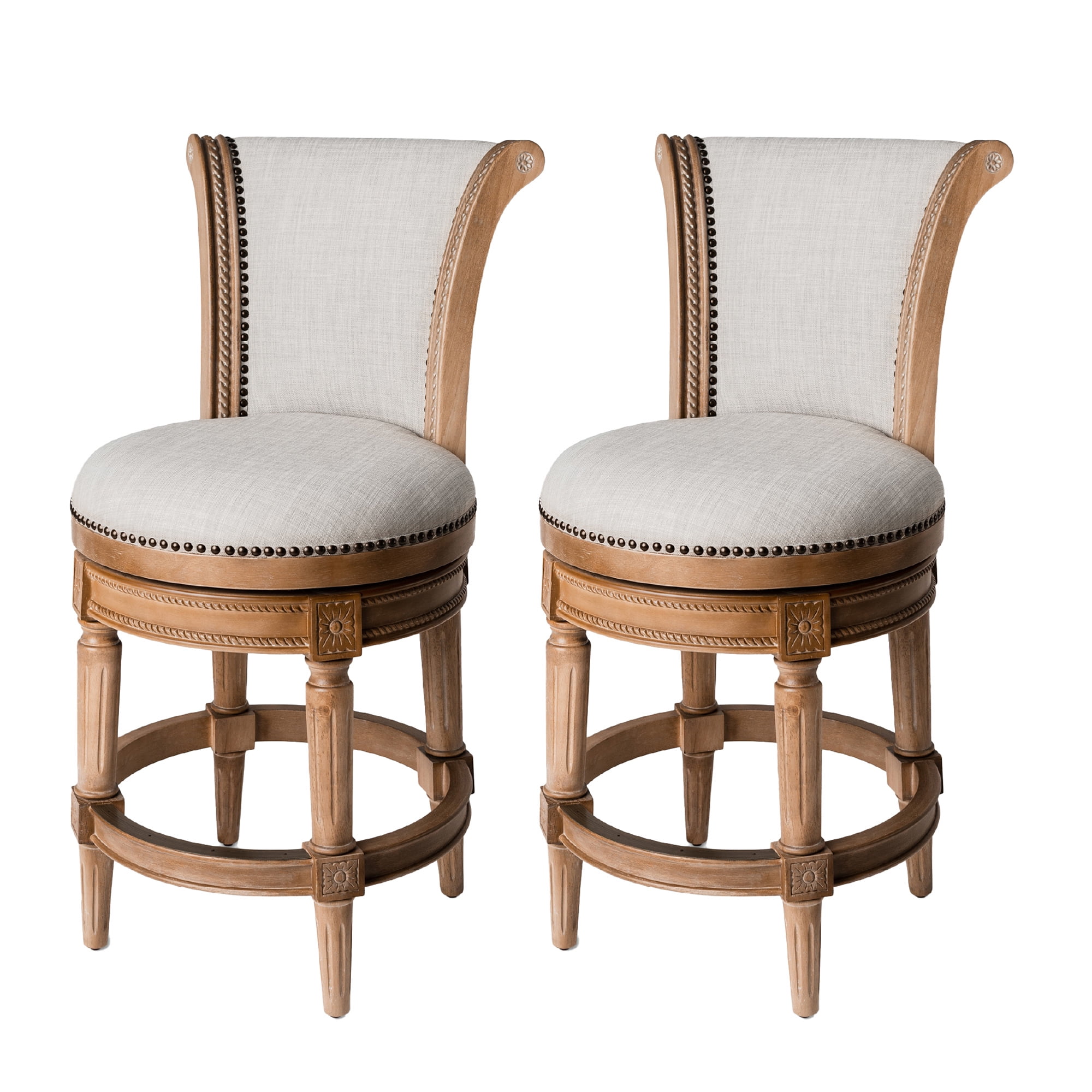 Weathered Oak Swivel Kitchen Stools with Upholstered Seats, Set of 2