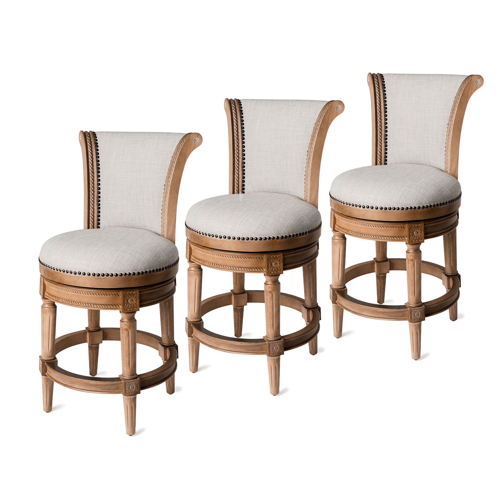 Weathered Oak Swivel Counter Stools with Upholstered Seats, Set of 3