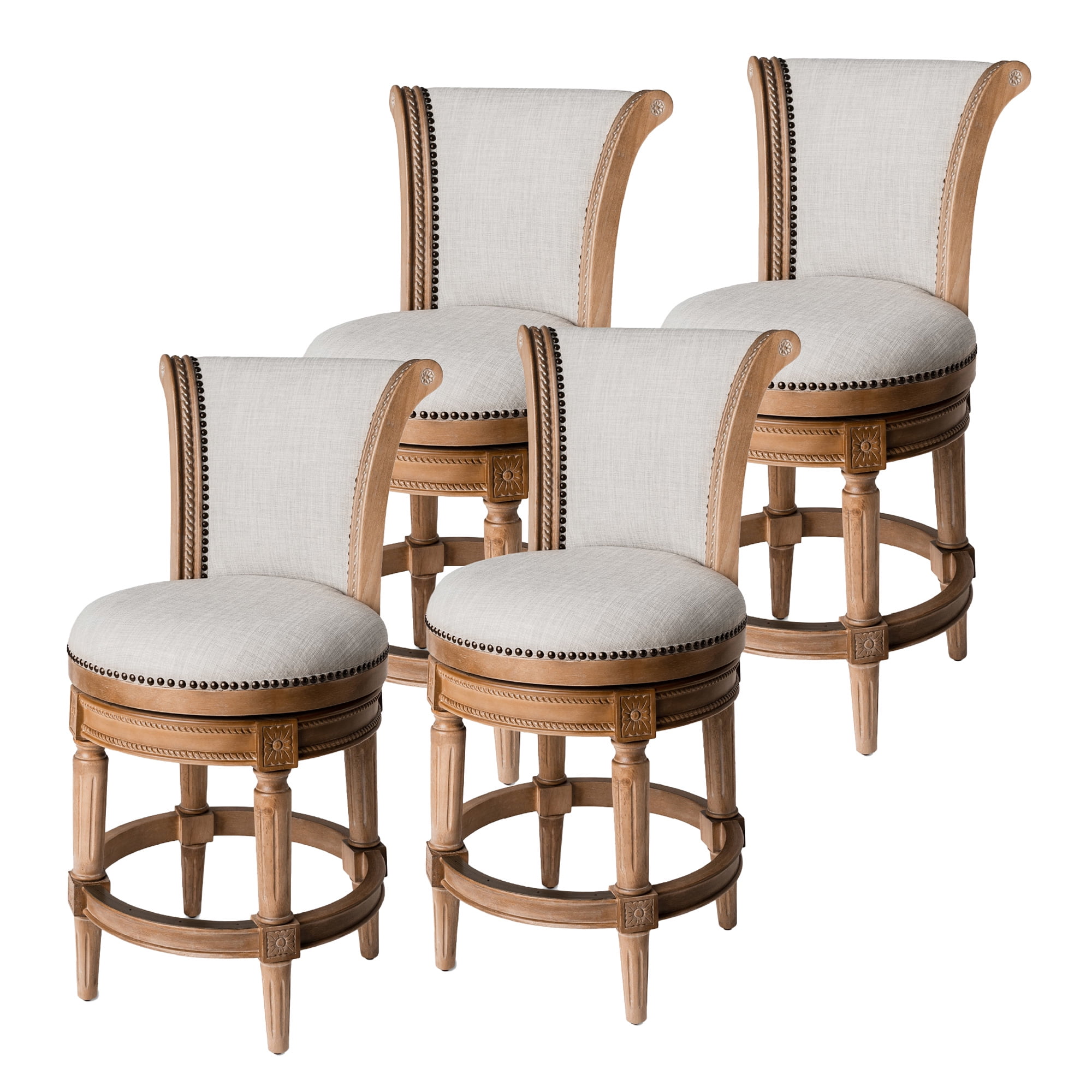 Weathered Oak Swivel Counter Stools with Upholstered Seats, Set of 4
