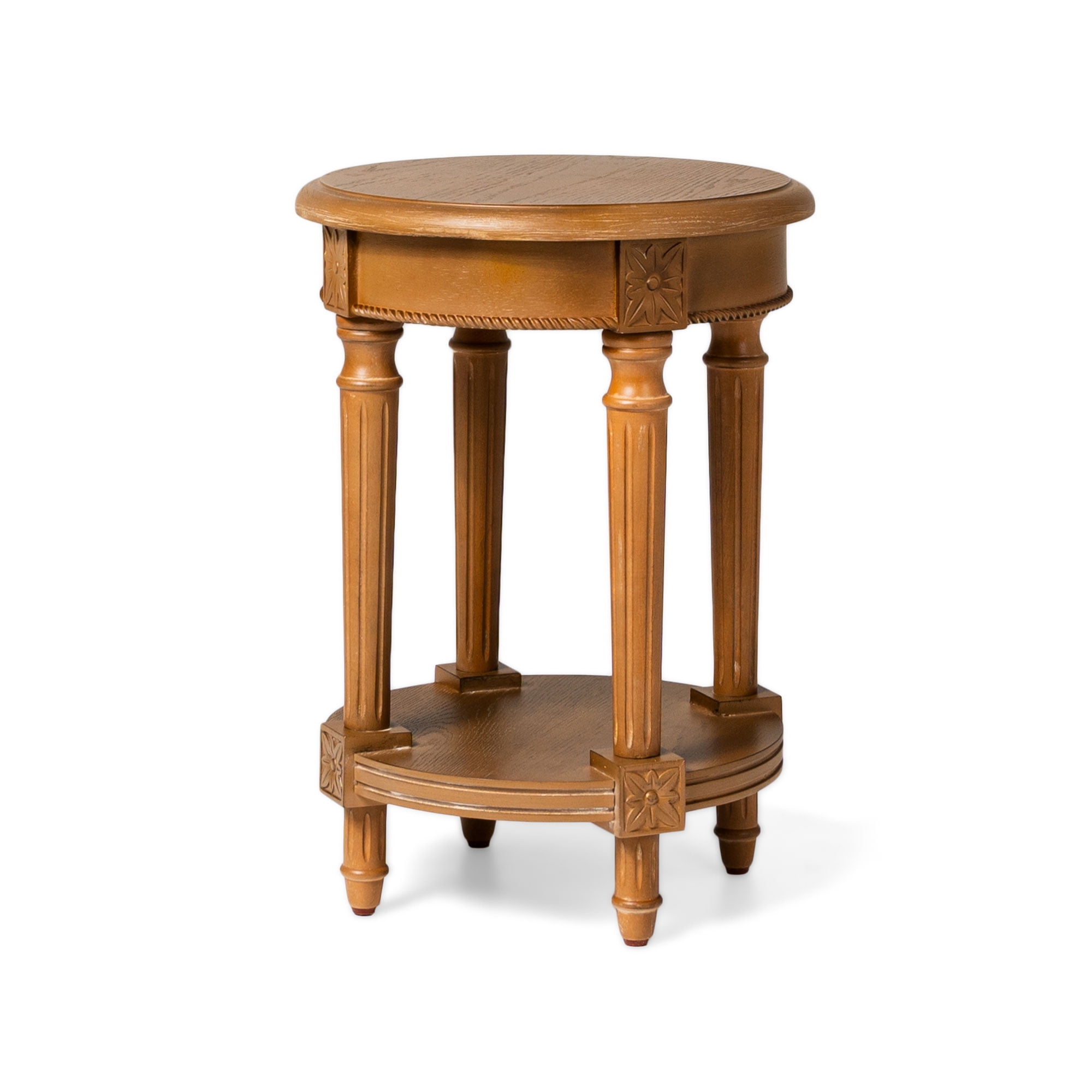 Antiqued Natural Round Wooden Side Table with Carved Details
