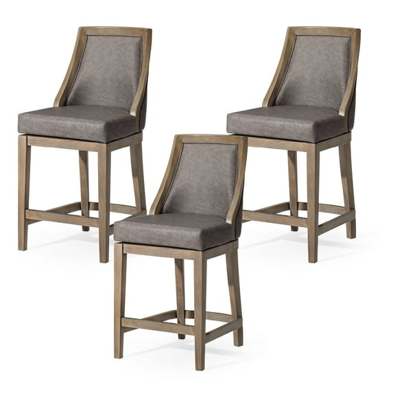 Maven Lane Vienna 26 Inch Tall Counter Height Rotating High Back Barstool in Reclaimed Oak Finish with Ronan Stone Vegan Leather Seat, Set of 3