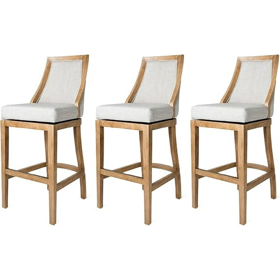 Maven Lane Vienna 31 Inch Tall Bar Height Rotating High Back Barstool in Weathered Oak Finish with Sand Color Fabric Upholstered Seat, Set of 3