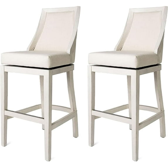 Maven Lane Vienna 31 Inch Tall Bar Height Rotating High Back Barstool in White Oak Finish with Natural Color Fabric Upholstered Seat, Set of 2