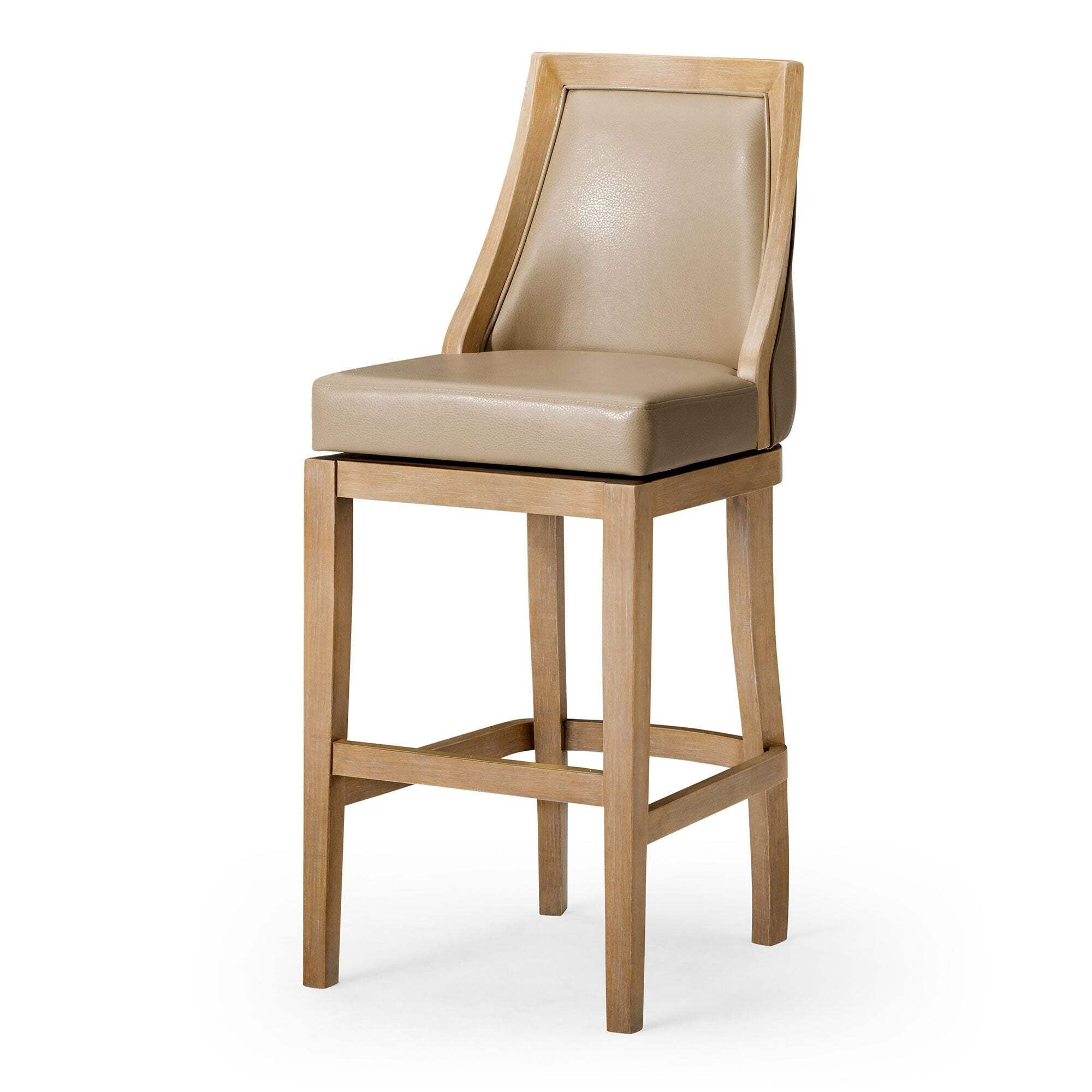 Weathered Oak and Beige Leather Swivel Bar Stool
