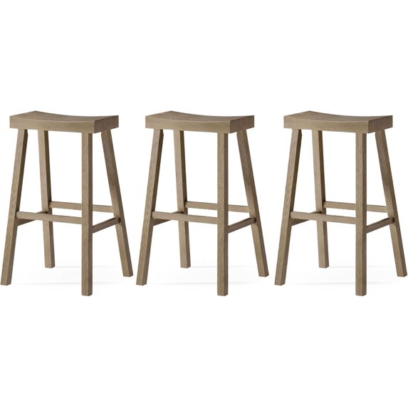 Maven Lane Kitchen Bar Stool, Farmhouse Wood Barstool, Kitchen Island Chairs, Pub Bar Height Stools, Stools For Kitchen, Wide Seat Backless Bar Stools, Vincent 31 Inch (Antiqued Grey), Set of 3