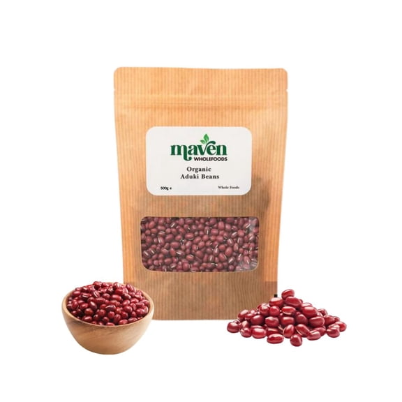 Maven Wholefoods Organic Adzuki Beans (Aduki Beans) High Fibre Plant Protein Pulses, GMO Free Whole Red Beans for Soups, Stews, Asian Cooking & Healthy Recipes, Vegan Pantry Staple 500g