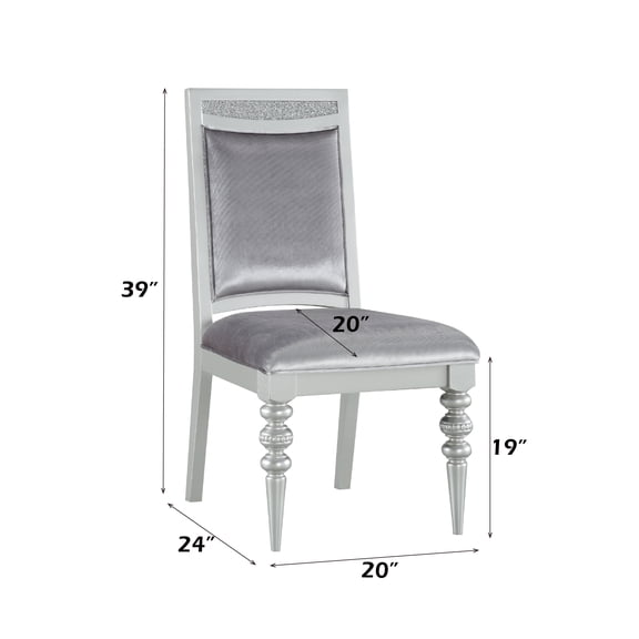 Maverick Fabric & Platinum Finish Side Chair (Set of 2) - Elegant Rectangular Back Dining Chair with Rhinestone Inlay, Padded Seat, Turned Legs, Silver, Fabric/Synthetic Wood, 24"W x 20"D x 39"H