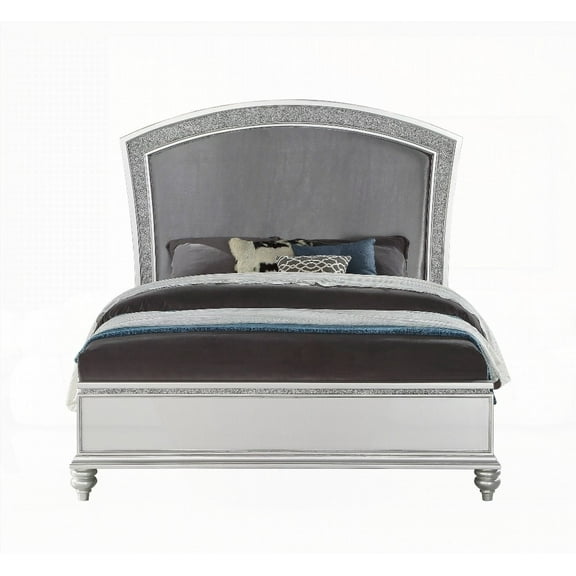 Maverick's E. King Bed in Fabric & Platinum Finish Has Low-Profile Rectangular Footboard and Stable Wooden Legs