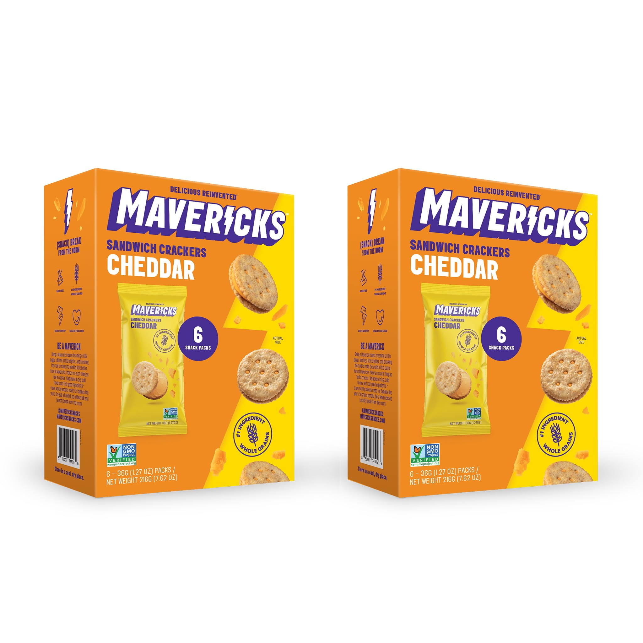 Mavericks Sandwich Crackers Cheddar IRF13 - Cheese Filled Whole Grain Sandwich Cracker Snack Packs, Non-GMO - 2 Boxes (12 Snack Packs)