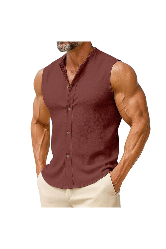 Mens T-shirts Linen Sleeveless Shirts Button Down Beach Tank Top Basic Solid Shirt Vest with Pocket