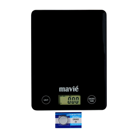 Mavie Tempered Glass Kitchen Scale with Touch Controls, 7 Unit Conversions, 5kg Capacity, Non-Thermal Transfer, Auto Calibration & Precision Tare, Digital Glass Platform Scale (Black)