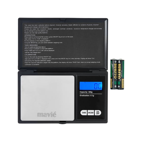 Mavie Mini Portable Stainless Steel Pocket Scale, 7 Unit Conversions with Auto Calibration & Tare for Precision On-The-Go, Light-Up LCD Display, 500g Capacity, Black