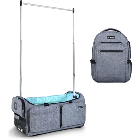 Mavii™ SIGNATURE 2-pc Set - Wheeled 28 Inch Collapsible Garment Rack Duffel + “The Convention Backpack - 17 Inch Suitcase-style Dance Backpack, Versatile Travel Gear Set, Heathered Gray
