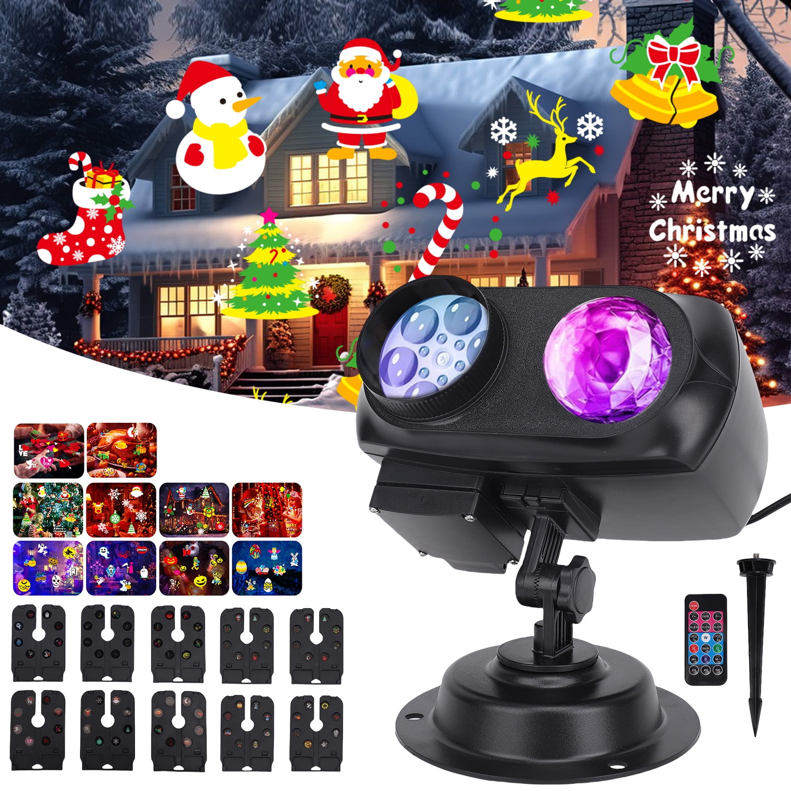 Outdoor Projector Lights,2 in 1 RGBW Water Wave Christmas Snow Night Projection Lamp with 80 Patterns, Waterproof LED Spotlight for Holiday Party Home Decor Light Projector with Remote Control